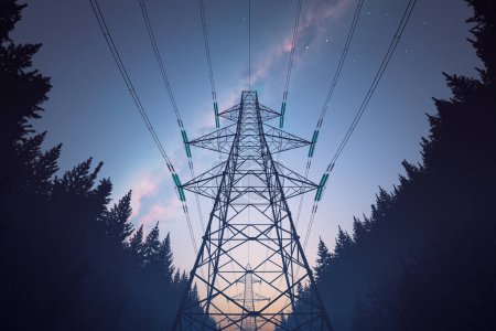 Photo for Electricity pylons dominate the view as they stretch over a tranquil forest at dusk, with a backdrop of a star-studded twilight sky, evoking a sense of sustainable power. - Royalty Free Image