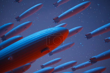 Ein faszinierendes digitales Kunstwerk, das einen Konvoi zeitloser hölzerner Zeppeline zeigt, die elegant durch den dämmrigen Himmel schweben, geschmückt mit einem Teppich aus funkelnden Sternen.