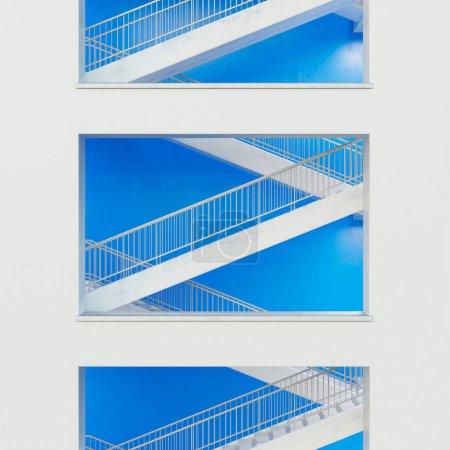 A visually striking diptych capturing the symmetrical beauty of staircases with a vivid blue backdrop that emphasizes the artistry of minimalist design and architectural precision.