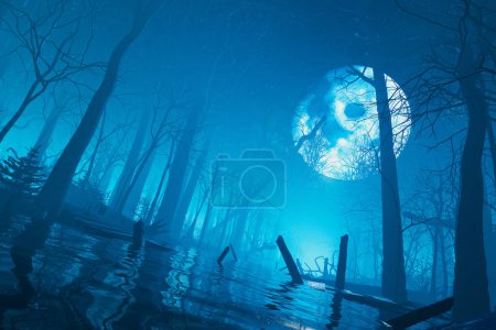 Captivating night-time view of a mystical forest by a tranquil lake, bathed in moonlight with bare tree silhouettes and a surreal, fog-laden atmosphere, tinged in shades of blue.