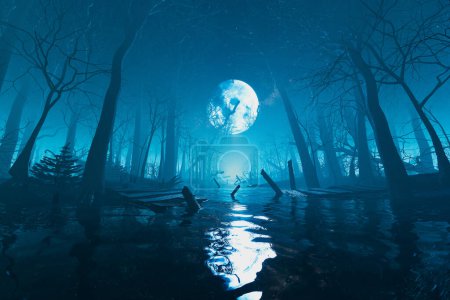 Photo for Captivating image portrays a forest submerged under moonlit waters, with tree silhouettes casting ghostly reflections. A blend of tranquility and mystery envelops the scene. - Royalty Free Image