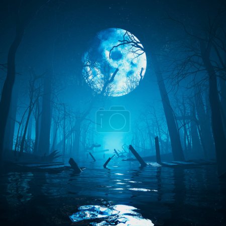 Enthralling night scene depicting an otherworldly flooded forest bathed in the glow of a full moon, with ghostly tree silhouettes mirrored in still water amidst a veil of mist.
