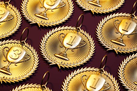 Photo for An elegant display of glistening gold trophy medals, numbered for first, second, and third place, presented against a sumptuous, deep purple background, embodying triumph. - Royalty Free Image