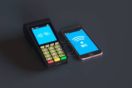 Nahaufnahme eines Smartphones beim Abschluss einer sicheren NFC-Zahlung an einem Point-of-Sale-Terminal vor einem eleganten, zeitgemäßen Schreibtischhintergrund, der die Leichtigkeit moderner Transaktionen symbolisiert.