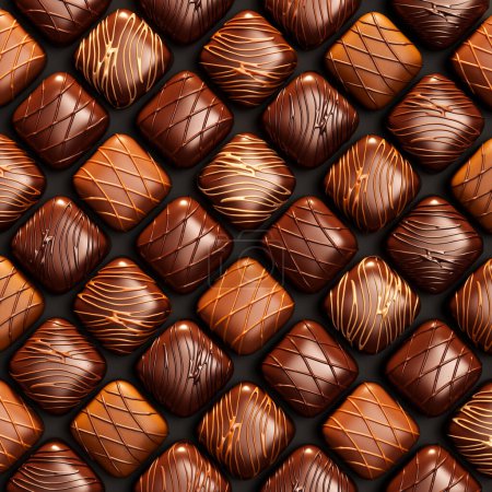 Foto de Una elegante muestra de surtidos pralinés de chocolate gourmet, con una variedad de ingredientes decadentes, vistos desde arriba, que muestran lujo e indulgencia. - Imagen libre de derechos