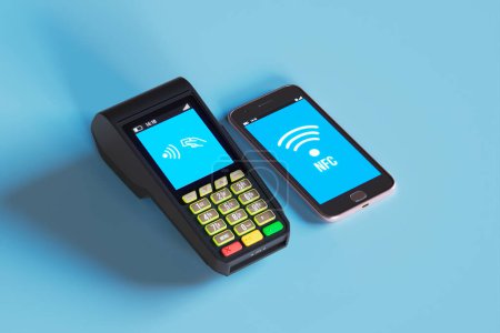 Advanced Near Field Communication (NFC) technology exemplified in smartphone and payment terminal interaction, showcasing modern contactless transaction methods against a vivid blue backdrop.