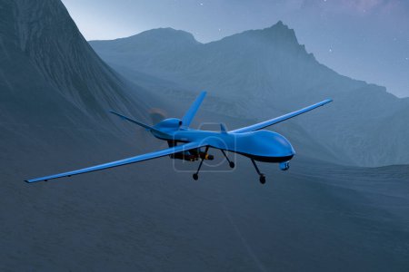 An advanced unmanned aerial vehicle, commonly known as a drone, expertly navigates the challenging and rocky landscape of a vast desert as the evening sky transitions to night.
