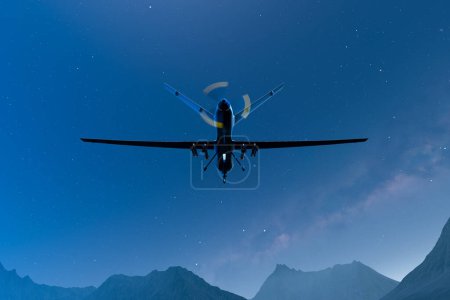 Photo for A remotely operated drone is silhouetted against a star-filled nocturnal sky while hovering over the jagged peaks of mountainous terrain, embodying technological advancement. - Royalty Free Image