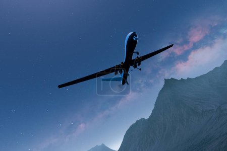 Photo for Capturing the essence of modern technology, an unmanned aerial vehicle equipped with propellers ascends against a dusky sky, flanked by the silhouettes of imposing mountains. - Royalty Free Image