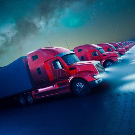 Téléchargez les photos : Convoi éclairé de semi-camions rouges sur une autoroute au crépuscule, incarnant le fonctionnement sans faille du transport de marchandises sur de longues distances sous un ciel étoilé. - en image libre de droit