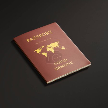 Téléchargez les photos : Visuel saisissant d'un passeport de couleur bronze signifiant l'immunité COVID-19, posé sur une surface sombre élégante, incarnant l'intersection des protocoles de santé et des voyages internationaux. - en image libre de droit