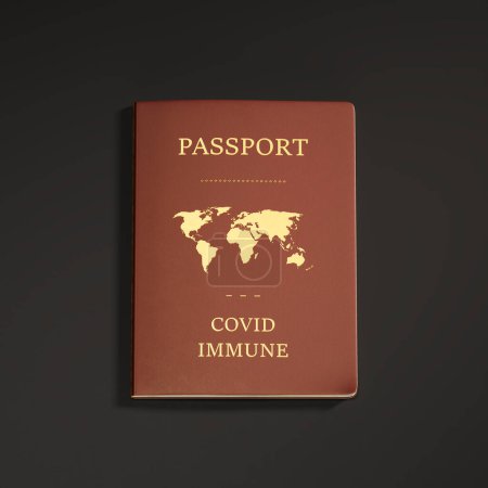 Striking visual of a bronze-colored passport signifying COVID-19 immunity, poised on a sleek dark surface, embodying the intersection of health protocols and international travel.