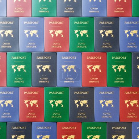 A striking array of multicolored passports arranged neatly, each stamped with a symbol of COVID immunity, encapsulating the intersection of international travel and public health.