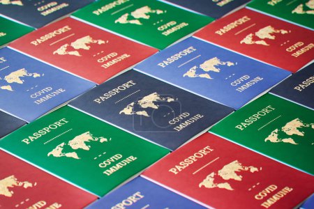 Téléchargez les photos : Une collection diversifiée de passeports immunitaires COVID-19 étalés sur une table, incarnant la nouvelle norme dans les documents de santé et de voyage internationaux. - en image libre de droit