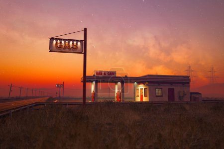 A quintessential retro gas station and caf sign stand illuminated by the warm glow of twilight, set against a backdrop of an expansive star-filled sky - a peaceful haven for travelers