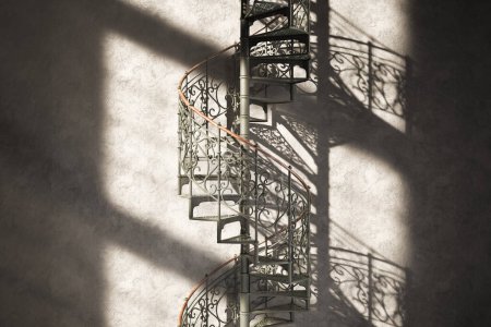Photo for Captivating view of an ornate iron spiral staircase with sunlight creating a dramatic interplay of light and shadows, highlighting the elegance of design and structure. - Royalty Free Image