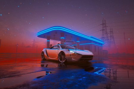 Foto de Esta imagen captura la esencia de un elegante coche eléctrico en una vibrante estación de carga iluminada por neón, ubicada contra un cielo nocturno lleno de estrellas con reflejos en una superficie empapada de lluvia. - Imagen libre de derechos