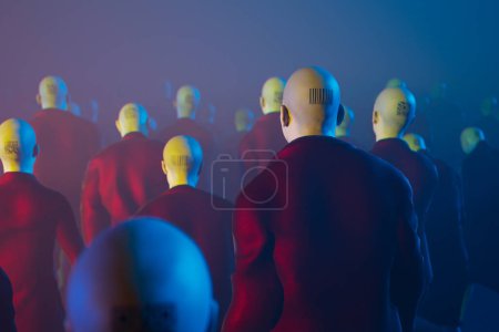 Obra de arte abstracta que retrata siluetas humanoides sin rostro con cabezas de código de barras en una neblina azul desconcertante, simbolizando la pérdida de individualidad en la era digital.