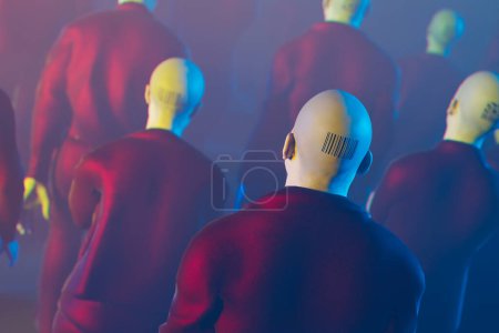 Esta obra de arte convincente muestra figuras humanas con códigos de barras para cabezas, vestidas de rojo, que simbolizan una pérdida de individualidad en una sociedad uniforme.
