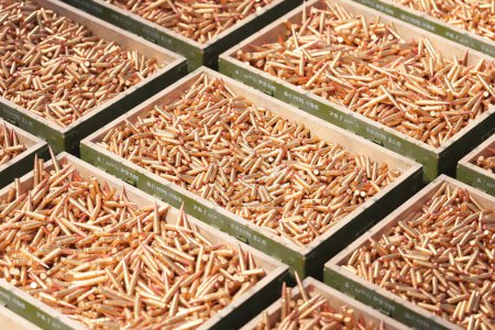 Photo for An expansive arsenal of rifle ammunition neatly organized within sturdy wooden crates, showcasing a ready-to-ship inventory catered to firearms enthusiasts and military supply channels. - Royalty Free Image