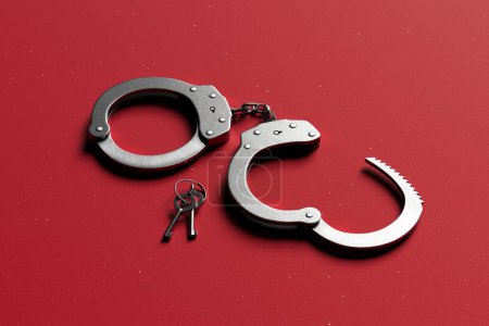 Close-up view of open metal handcuffs adjacent to a set of keys on a striking red surface, depicting themes of law enforcement, incarceration, and the pursuit of justice and freedom.