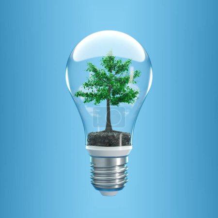 Téléchargez les photos : Une scène illustrative d'un arbuste luxuriant prospérant dans une ampoule transparente, sur fond bleu vif, évoquant les thèmes de l'éco-innovation et du mouvement de l'énergie verte. - en image libre de droit