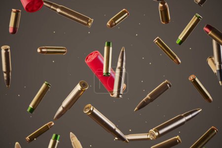A diverse assortment of bullet types captured mid-descent, showcasing varying calibers with a stark, shadowy backdrop that emphasizes the concept of ballistic dynamics and defense.