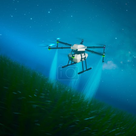 Präzise ausgestattete Drohne mit Nachtsichtgeräten, die im Dunkeln aufsteigt, Überwachung durchführt und Echtzeit-Luftbilder zu Sicherheitszwecken aufnimmt.