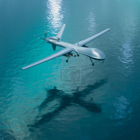 Drone avec système sophistiqué à double hélice capturé à mi-vol au-dessus des eaux océaniques sereines, mettant en évidence l'interaction complexe entre la technologie et la nature.