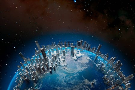 Foto de Una creación de arte digital intrincadamente detallada que muestra un anillo visionario de rascacielos futuristas orbitando la Tierra, en un vasto telón de fondo celestial lleno de estrellas. - Imagen libre de derechos