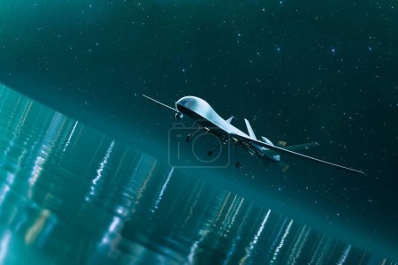 Foto de Capturando un momento sereno, este vehículo aéreo no tripulado se cierne sobre un océano pacífico, con las estrellas del cielo nocturno reflejando su viaje en el agua quieta debajo. - Imagen libre de derechos