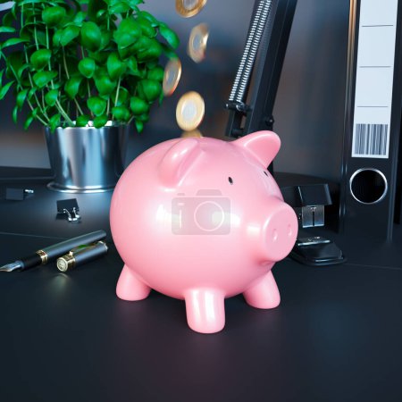 An eye-catching pink piggy bank amidst a conscious act of saving, with coins in mid-air, symbolizing financial growth on a well-organized office desk with greenery and stationery.
