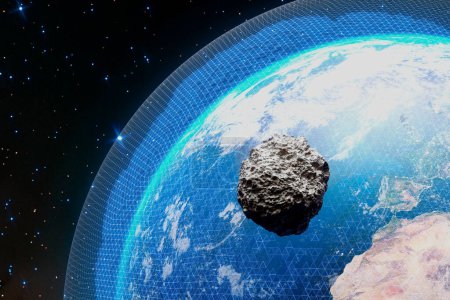 Artistic concept showcases Earth's readiness against cosmic dangers, portraying an advanced defense grid activating as an asteroid nears, embodying high-tech planetary protection.