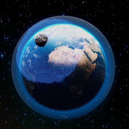 Dieses digital gerenderte Bild zeigt die Erde mit einem sechseckigen Verteidigungsgitter, während sich ein Asteroid in der Nähe abzeichnet. Das Konzept veranschaulicht fortschrittlichen planetaren Schutz gegen Bedrohungen des Weltraums.