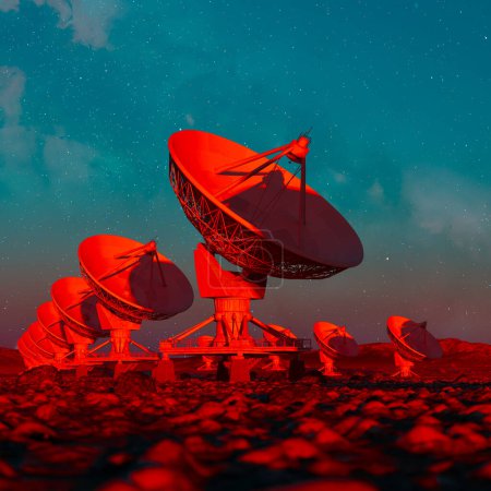 Escena del crepúsculo con una serie de colosales radiotelescopios, con platos apuntando hacia arriba mientras sondean silenciosamente las profundidades del cosmos, enmarcados por cielos llenos de estrellas insinuando el infinito.