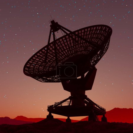 Photo for Captivating silhouette of a gigantic radio telescope against a dusky twilight sky peppered with stars, emblematic of pioneering astronomical studies and celestial explorations. - Royalty Free Image