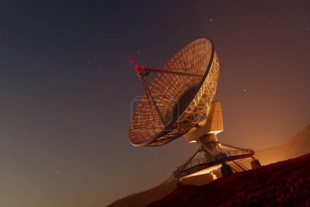Photo for Majestic radio telescope stands under a starry night sky, silhouetted by twilight's last glow, seamlessly bridging Earth's curiosity with the mysteries of the cosmos. - Royalty Free Image