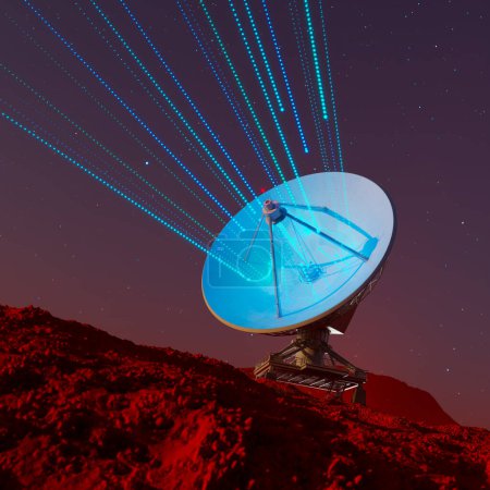 A meticulously crafted digital representation showcasing a state-of-the-art radio telescope scanning the cosmos from a desolate Martian-like landscape under a galaxy-studded nocturnal sky.