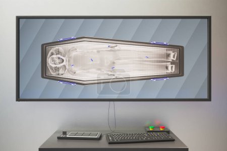 Foto de Esta convincente obra de arte digital muestra una radiografía humana confinada dentro de un ataúd, yuxtapuesta contra el telón de fondo de una estación de trabajo computarizada. - Imagen libre de derechos