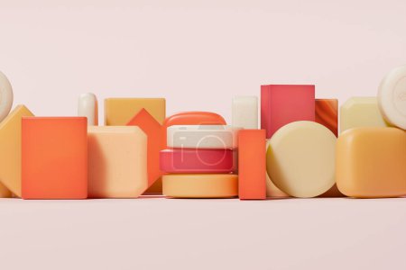 Foto de Una impresionante colección de barras de jabón hechas a mano en una variedad de colores vibrantes está ordenada sobre un telón de fondo de tonos suaves, exhibiendo una mezcla de diseños geométricos y texturas. - Imagen libre de derechos
