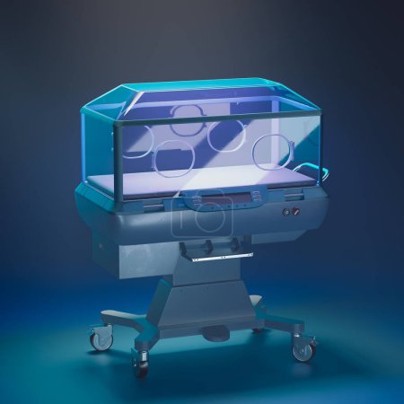 High-Tech-Inkubator für Neugeborene mit Temperaturkontrolle und Überwachung der Vitalzeichen, der für die Säuglingsbetreuung in intensivmedizinischen Umgebungen konzipiert wurde und Sicherheit und Unterstützung bietet.