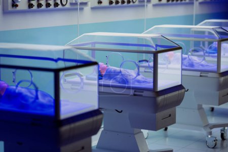 Foto de Una UCIN contemporánea e higiénica equipada con incubadoras de última generación que salvaguardan la salud de los recién nacidos vulnerables con una atenta supervisión médica. - Imagen libre de derechos