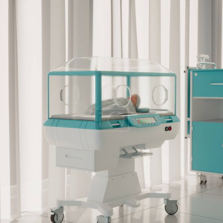 High-Tech-Inkubator für Neugeborene in einem sonnenbeschienenen Krankenhauszimmer, der modernste Pflege mit präziser Überwachung und Temperaturkontrolle für die kritische Gesundheit von Neugeborenen bietet.