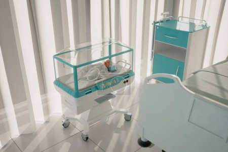 Téléchargez les photos : Un nouveau-né serein dort dans un incubateur ultramoderne au sein de l'unité de soins intensifs néonatals d'un hôpital, entouré de matériel médical et d'outils de soins vitaux.. - en image libre de droit