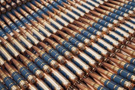 Photo for Detailed shot of assorted rifle ammunition lined up, highlighting the diversity in design, from brass casings to pointed lead tips, ideal for military or hunting purposes. - Royalty Free Image