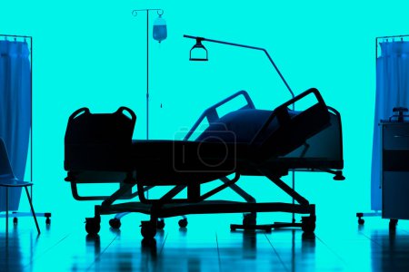 Téléchargez les photos : Une silhouette évocatrice d'une chambre d'hôpital entièrement équipée, mettant en valeur un lit de patient, un stand intraveineux, des machines médicales et l'éclat tamisé de la technologie des soins de santé. - en image libre de droit