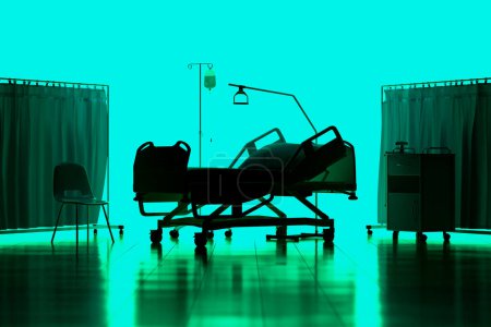 Eine schlichte Silhouette aus unverzichtbaren Krankenhausmöbeln, einschließlich Bett, IV-Ständer und Stuhl, akzentuiert durch eine ruhige, blaue Beleuchtungsatmosphäre, die Ruhe im klinischen Umfeld suggeriert.