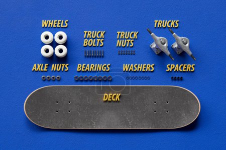 Téléchargez les photos : Un ensemble complet de pièces de skateboard, y compris les roues, le pont et les camions, méticuleusement disposés sur une surface bleue vibrante, idéal pour l'assemblage et l'entretien de skateboard. - en image libre de droit