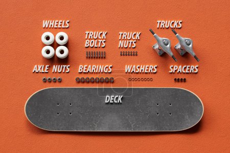 Téléchargez les photos : Pièces complètes de skateboard disposées pour l'assemblage sur un fond orange, présentant le pont, les roues et le matériel pour les amateurs de skate et les constructeurs de bricolage. - en image libre de droit