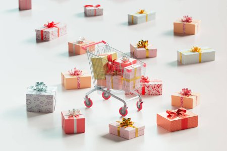 Téléchargez les photos : Image captivante d'un panier rouge vibrant débordant d'une gamme de boîtes-cadeaux lumineuses et enveloppées, symbolisant les achats festifs, la générosité et l'excitation des occasions de donner des cadeaux. - en image libre de droit